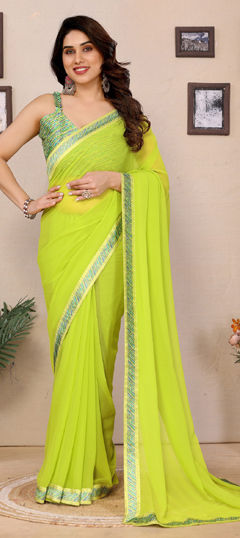 Green color Saree in Satin Silk fabric with Lace work