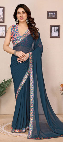 Green color Saree in Satin Silk fabric with Lace work