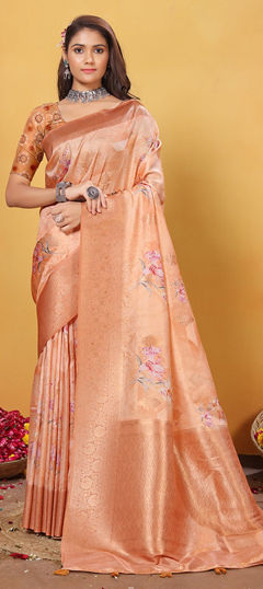 Orange color Saree in Satin Silk fabric with Digital Print, Floral, Weaving work