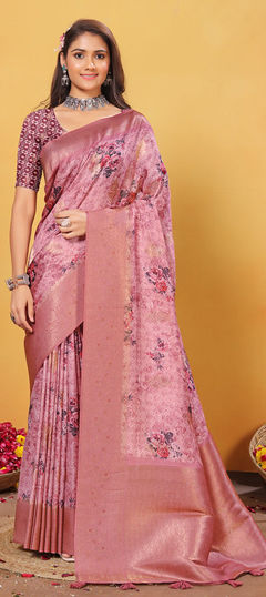 Pink and Majenta color Saree in Satin Silk fabric with Digital Print, Floral, Weaving work