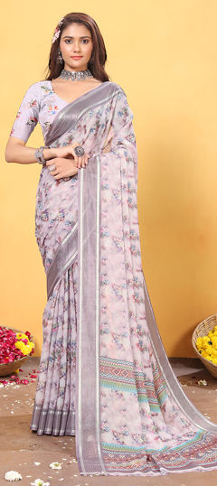 Beige and Brown color Saree in Satin Silk fabric with Digital Print, Floral, Weaving work