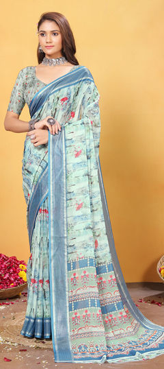 Green color Saree in Satin Silk fabric with Digital Print, Floral, Weaving work