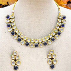 Gold Rodium Polish Blue color Necklace in Metal Alloy studded with CZ Diamond