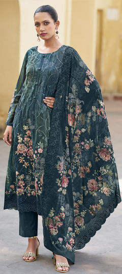Blue color Salwar Kameez in Organza Silk fabric with Digital Print, Floral, Resham, Sequence, Thread work