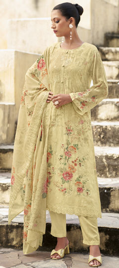 White and Off White color Salwar Kameez in Organza Silk fabric with Digital Print, Floral, Resham, Sequence, Thread work