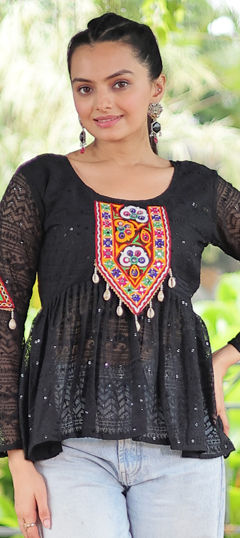 Black and Grey color Kurti in Georgette fabric with Embroidered, Mirror, Patch work