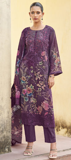 Purple and Violet color Salwar Kameez in Organza Silk fabric with Digital Print, Floral, Resham, Sequence, Thread work