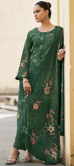 Green color Salwar Kameez in Organza Silk fabric with Digital Print, Floral, Resham, Sequence, Thread work