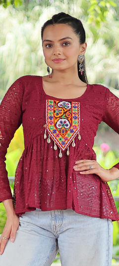Red and Maroon color Kurti in Georgette fabric with Embroidered, Mirror, Patch work