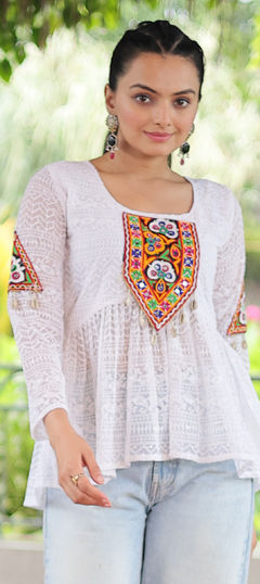 White and Off White color Kurti in Georgette fabric with Embroidered, Mirror, Patch work