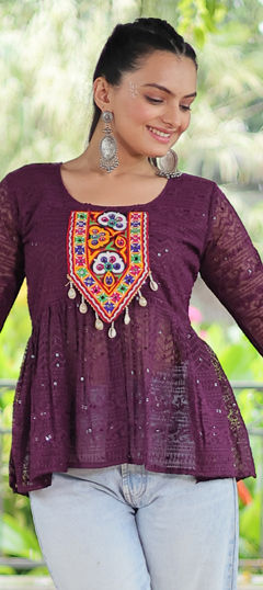 Purple and Violet color Kurti in Georgette fabric with Embroidered, Mirror, Patch work