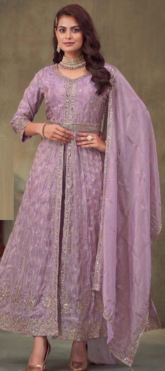 Purple and Violet color Salwar Kameez in Chinon Silk fabric with Bugle Beads, Embroidered, Sequence work