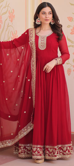 Red and Maroon color Gown in Faux Georgette fabric with Embroidered, Sequence, Thread work