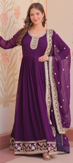 Purple and Violet color Gown in Faux Georgette fabric with Embroidered, Sequence, Zari work