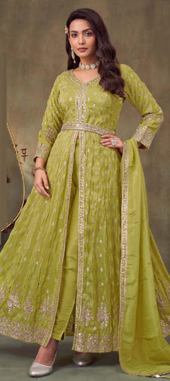 Green color Salwar Kameez in Chinon Silk fabric with Bugle Beads, Embroidered, Sequence work