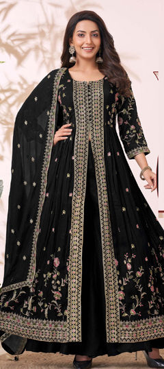 Black and Grey color Salwar Kameez in Silk fabric with Embroidered, Sequence work