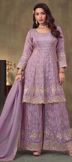 Purple and Violet color Salwar Kameez in Chinon Silk fabric with Bugle Beads, Embroidered, Sequence work