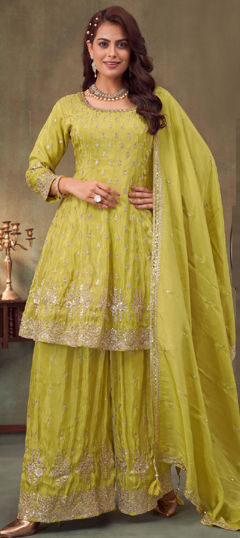 Green color Salwar Kameez in Chinon Silk fabric with Bugle Beads, Embroidered, Sequence work