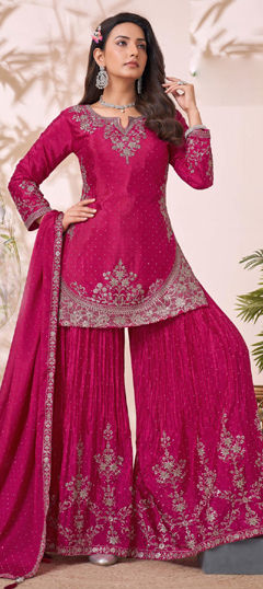 Pink and Majenta color Salwar Kameez in Chinon Silk fabric with Bugle Beads, Embroidered, Sequence work