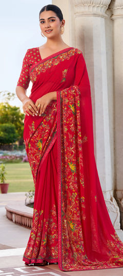 Red and Maroon color Saree in Georgette fabric with Printed, Zircon work
