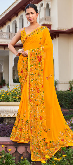 Yellow color Saree in Georgette fabric with Printed, Zircon work