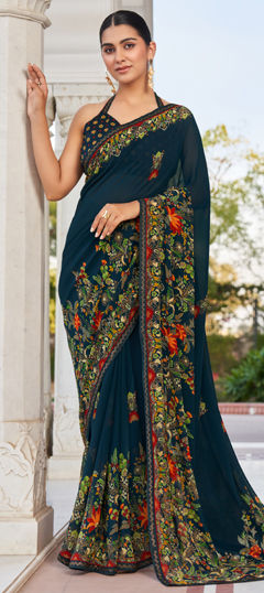 Blue color Saree in Georgette fabric with Printed, Zircon work