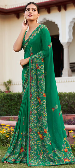 Green color Saree in Georgette fabric with Printed, Zircon work