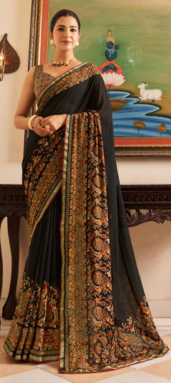 Black and Grey color Saree in Georgette fabric with Printed, Weaving work
