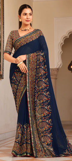 Blue color Saree in Georgette fabric with Printed, Weaving work