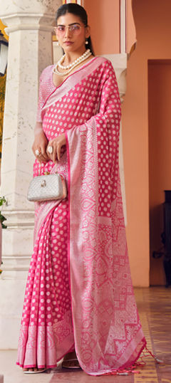 Pink and Majenta color Saree in Georgette fabric with Weaving work