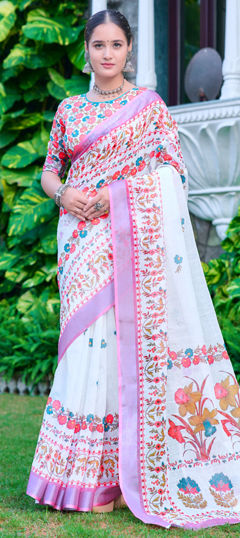White and Off White color Saree in Cotton, Linen fabric with Digital Print, Floral work