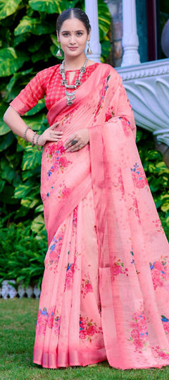 Pink and Majenta color Saree in Cotton, Linen fabric with Digital Print, Floral work