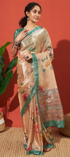 Orange color Saree in Tissue fabric with Printed work