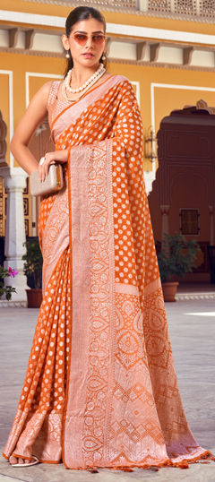 Beige and Brown color Saree in Georgette fabric with Weaving work