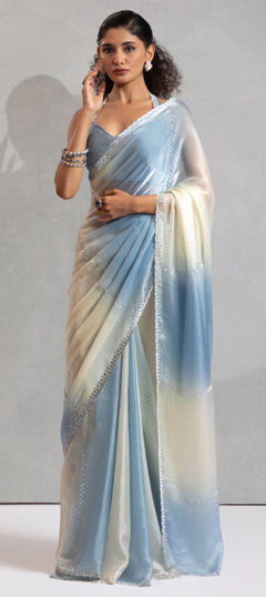 Beige and Brown color Saree in Satin Silk fabric with Zircon work