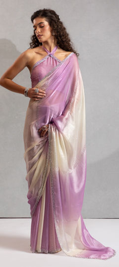 Beige and Brown, Purple and Violet color Saree in Satin Silk fabric with Zircon work