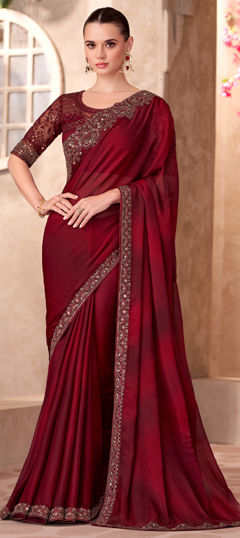 Red and Maroon color Saree in Chiffon fabric with Embroidered, Resham, Sequence work