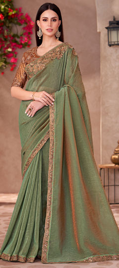 Green color Saree in Georgette fabric with Embroidered, Resham, Sequence work