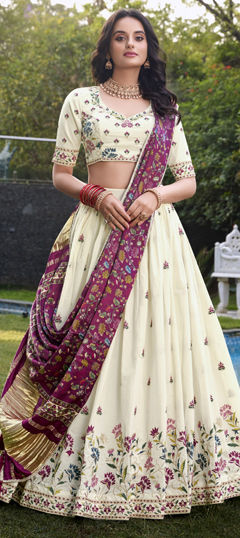 White and Off White color Lehenga in Cotton Flex fabric with Embroidered, Sequence, Thread work