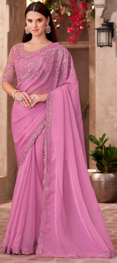 Pink and Majenta color Saree in Chiffon fabric with Embroidered, Resham, Sequence work