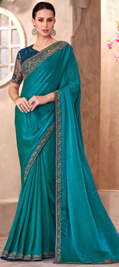 Blue color Saree in Georgette fabric with Embroidered, Resham, Sequence work