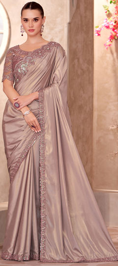Beige and Brown color Saree in Crepe Silk fabric with Embroidered, Resham, Sequence work