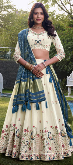 White and Off White color Lehenga in Cotton Flex fabric with Embroidered, Sequence, Thread work
