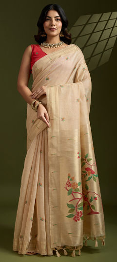 Beige and Brown color Saree in Cotton fabric with Weaving work