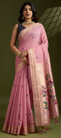 Pink and Majenta color Saree in Cotton fabric with Weaving work