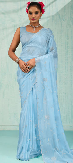 Blue color Saree in Viscose fabric with Zircon work