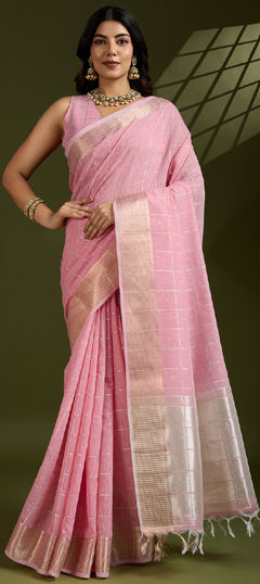 Pink and Majenta color Saree in Blended, Silk fabric with Weaving, Zari work