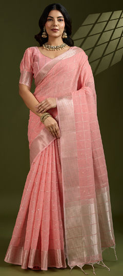 Pink and Majenta color Saree in Blended, Silk fabric with Weaving, Zari work