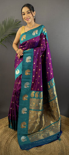 Purple and Violet color Saree in Banarasi Silk fabric with Weaving work