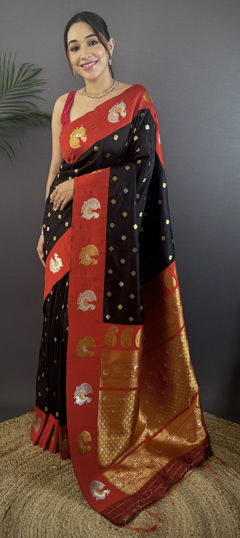 Black and Grey color Saree in Banarasi Silk fabric with Weaving work